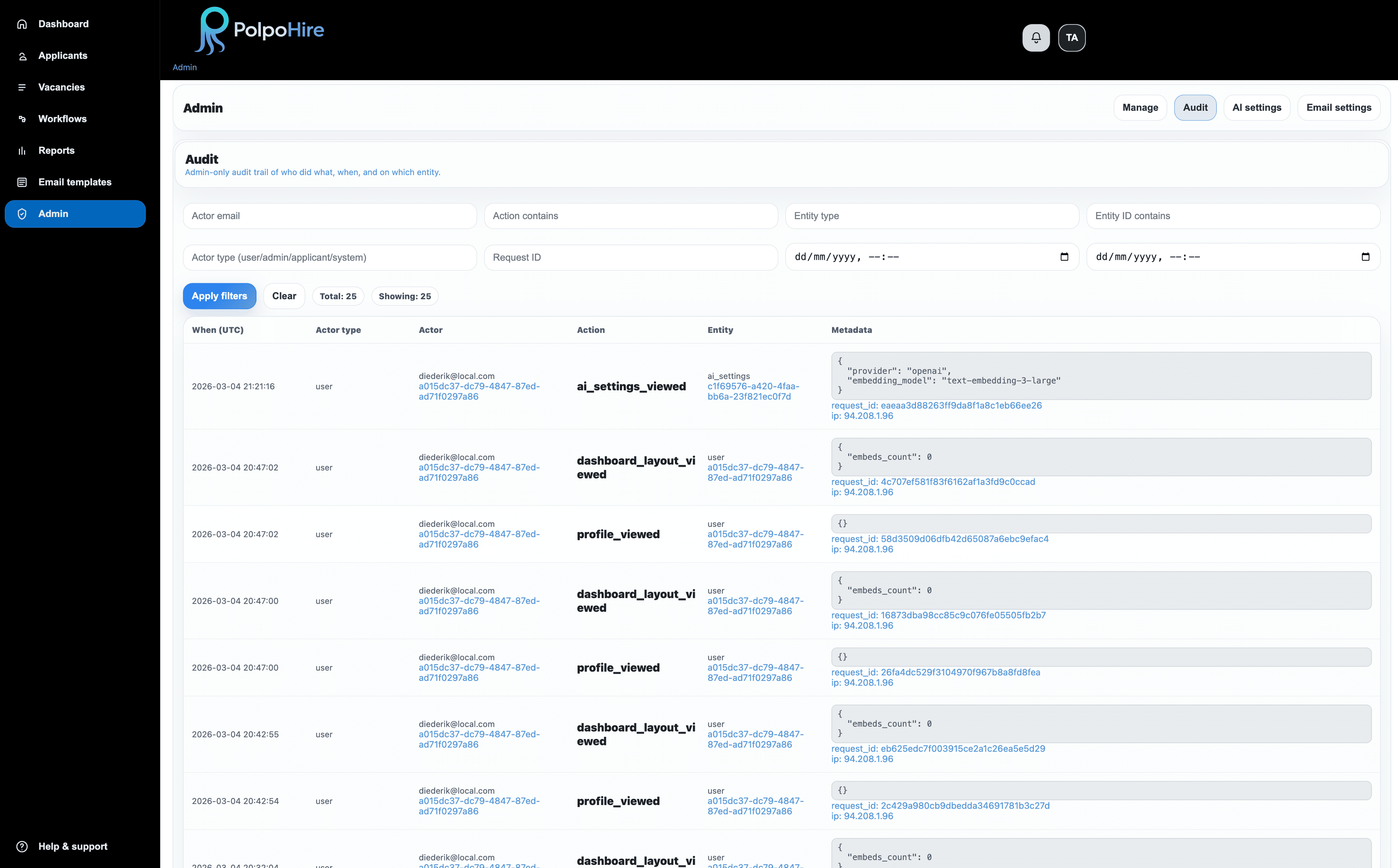 Audit trail view in PolpoHire