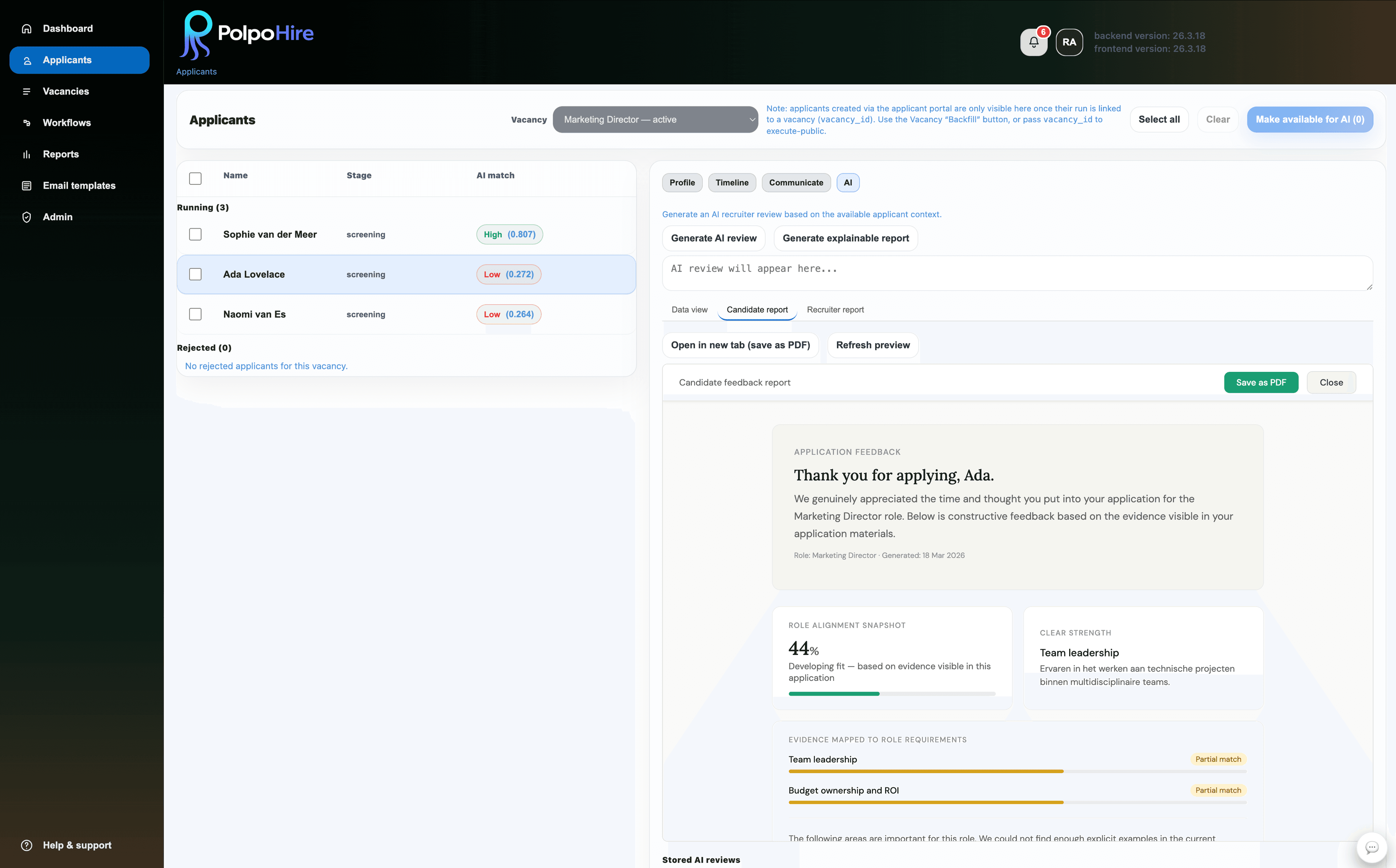 Candidate feedback report in PolpoHire
